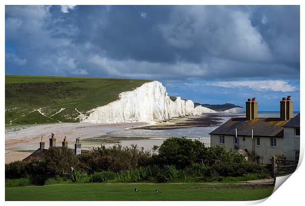 Seven Sisters cliffs and coastguard cottages Print by Gary Eason