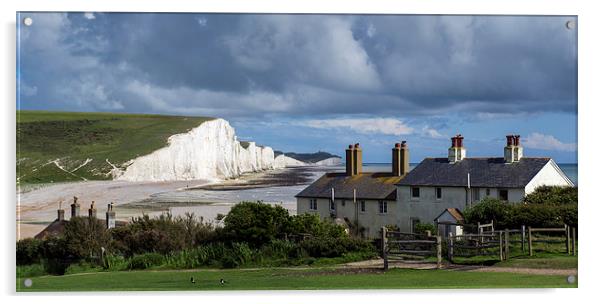 Seven Sisters cliffs and coastguard cottages Acrylic by Gary Eason