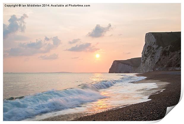 Sundown at Durdle Door beach Print by Ian Middleton