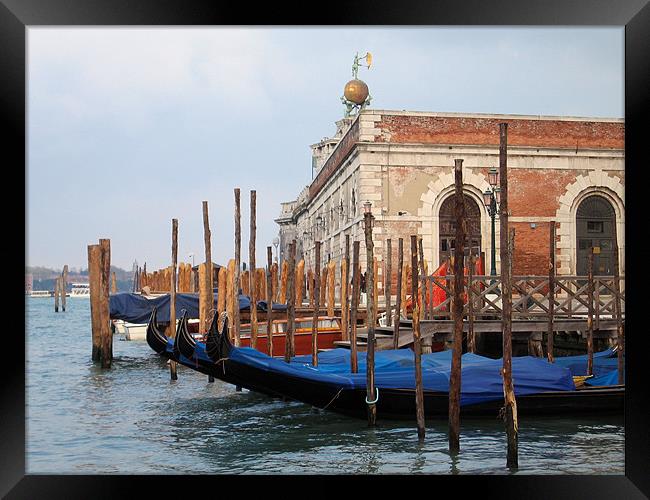 Gondolas in Venice Lagoon near Dogana Framed Print by Linda More