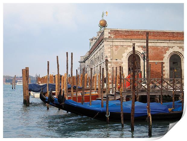 Gondolas in Venice Lagoon near Dogana Print by Linda More