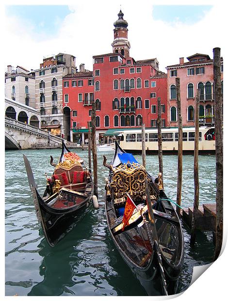 Gondolas near the Rialto Bridge in Venice Print by Linda More