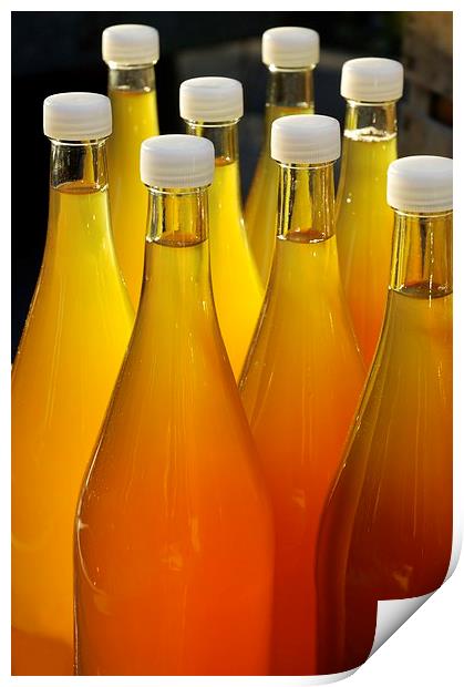 Apple juice in bottles Print by Matthias Hauser