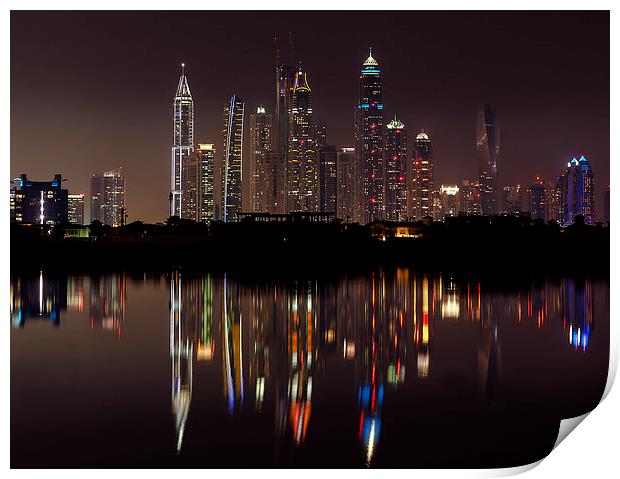 Dubai skyline reflections Print by andy myatt