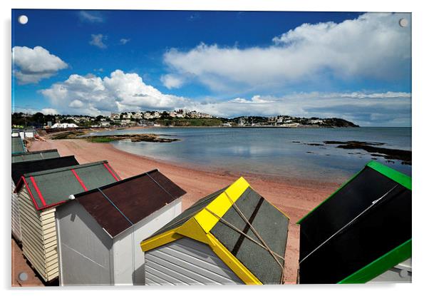 Beach huts Corbyn Head Torquay Acrylic by Rosie Spooner