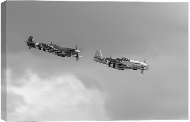 Spitfire and Mustang black and white version Canvas Print by Gary Eason