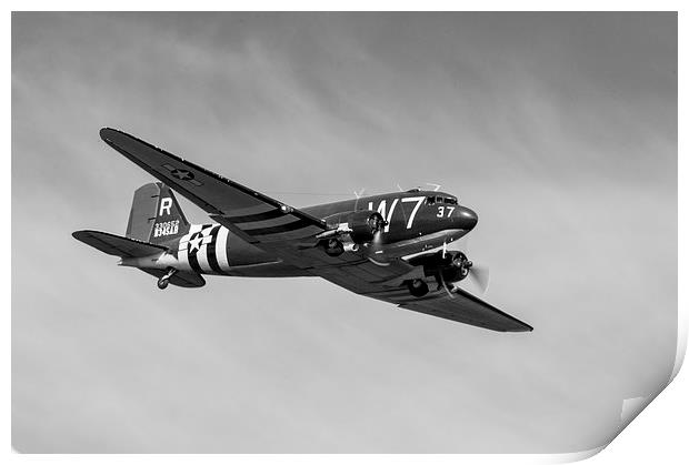 Douglas C-47 Skytrain Whiskey 7 black and white ve Print by Gary Eason