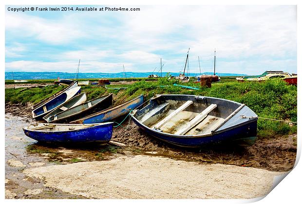 A row of small boats beached awaiting the incoming Print by Frank Irwin