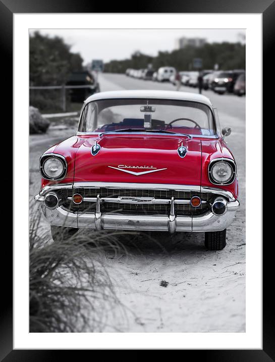 Classic red antique car at the beach Framed Mounted Print by Edward Fielding
