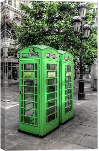 Green telephone boxes Canvas Print by Andy Huntley