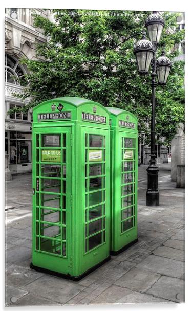 Green telephone boxes Acrylic by Andy Huntley