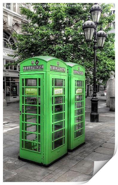 Green telephone boxes Print by Andy Huntley