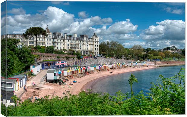 Corbyn Head Beach Huts, Cafe and Grand Hotel Canvas Print by Rosie Spooner