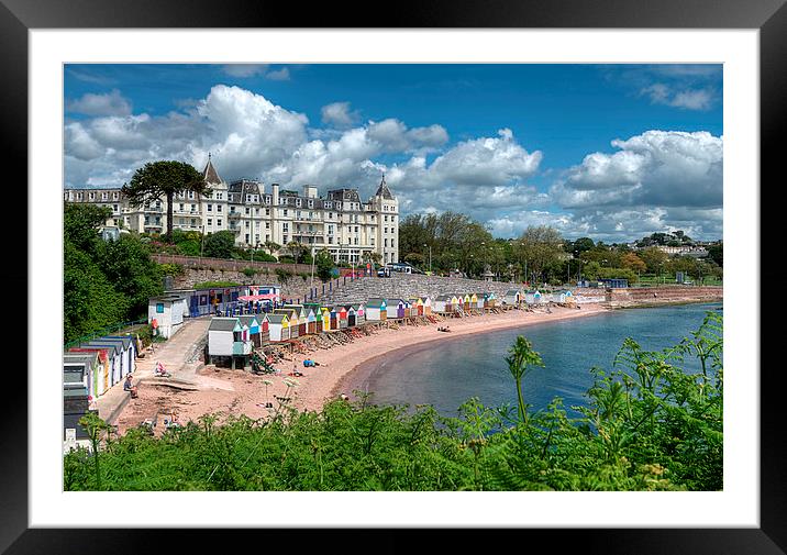 Corbyn Head Beach Huts, Cafe and Grand Hotel Framed Mounted Print by Rosie Spooner