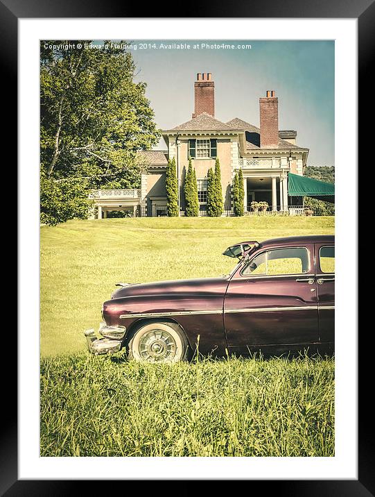 Old classic car in front of large mansion Framed Mounted Print by Edward Fielding