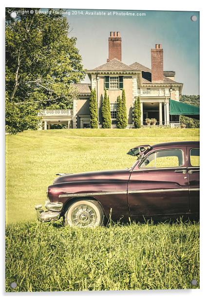 Old classic car in front of large mansion Acrylic by Edward Fielding