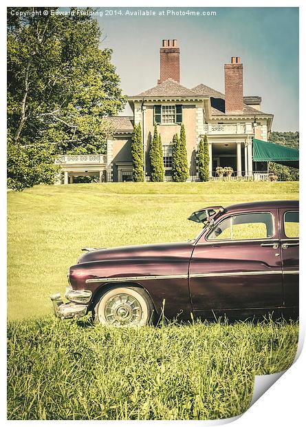 Old classic car in front of large mansion Print by Edward Fielding