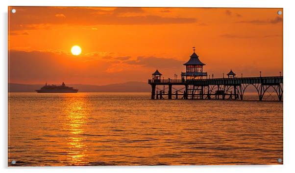 Sun setting at Clevedon Pier. Acrylic by Dean Merry