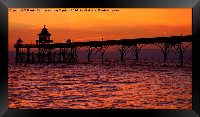 A June sunset at Clevedon Pier Framed Print by Paula Palmer canvas