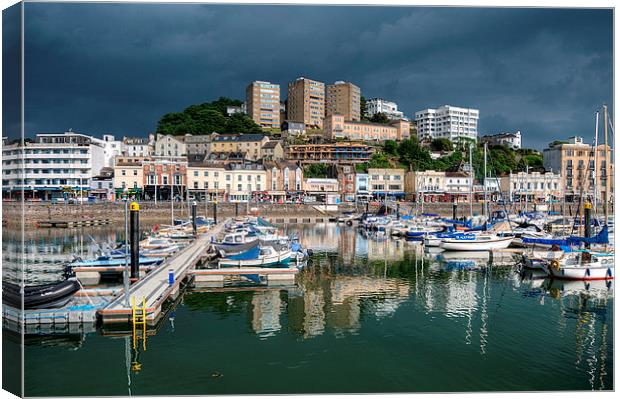 Rain clouds gather over Torquay Harbour Canvas Print by Rosie Spooner