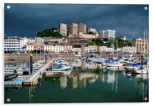 Rain clouds gather over Torquay Harbour Acrylic by Rosie Spooner