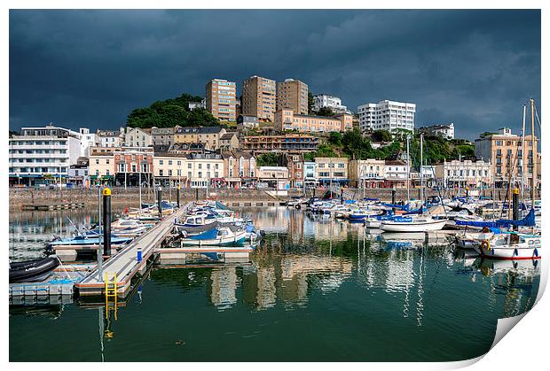 Rain clouds gather over Torquay Harbour Print by Rosie Spooner