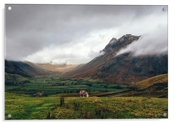 Langdale Valley and Langdale Pikes in cloud. Acrylic by Liam Grant