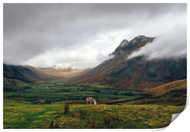 Langdale Valley and Langdale Pikes in cloud. Print by Liam Grant
