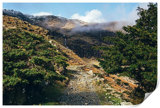 Mountain footpath and distant waterfall near Conis Print by Liam Grant