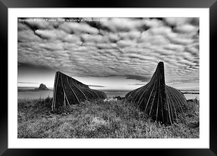 Boat huts and Lindisfarne Castle Framed Mounted Print by David Preston