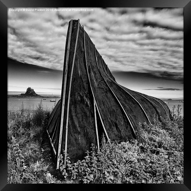 Boat hut and Lindisfarne Castle Framed Print by David Preston