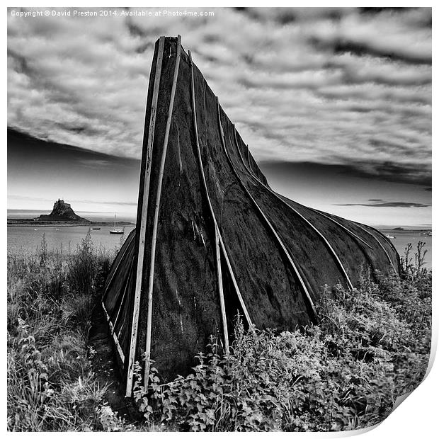 Boat hut and Lindisfarne Castle Print by David Preston