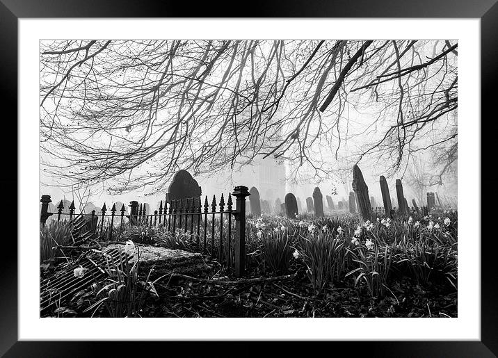 Rural church and graveyard in early morning fog. Framed Mounted Print by Liam Grant