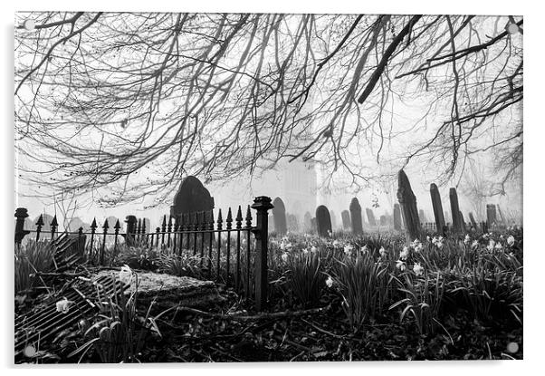 Rural church and graveyard in early morning fog. Acrylic by Liam Grant