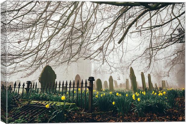 Rural church and graveyard in early morning fog. Canvas Print by Liam Grant