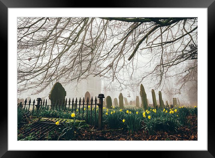 Rural church and graveyard in early morning fog. Framed Mounted Print by Liam Grant