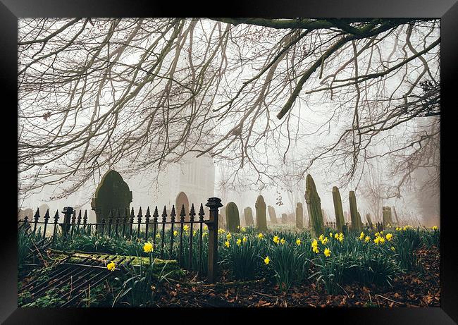 Rural church and graveyard in early morning fog. Framed Print by Liam Grant