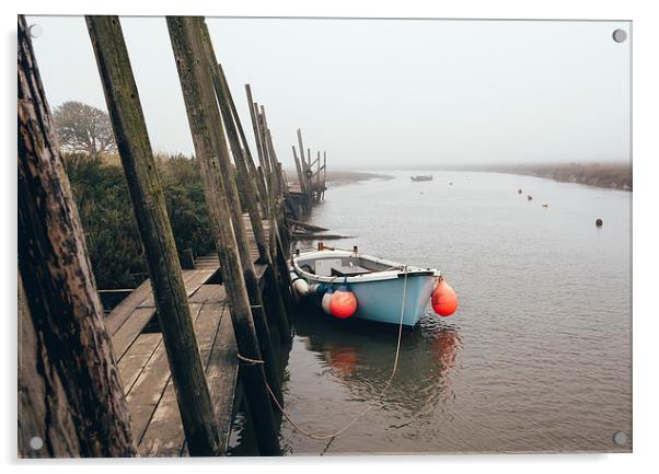 Boats moored at Blakeney in fog. Acrylic by Liam Grant