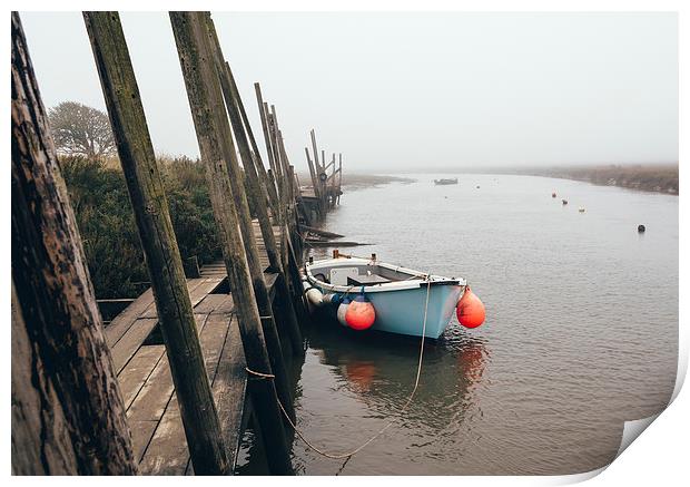 Boats moored at Blakeney in fog. Print by Liam Grant