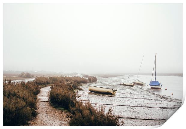 Boats moored at Blakeney in fog. Print by Liam Grant