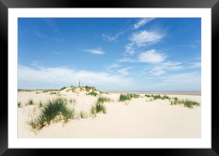 Blue sky beach and sand dunes. Wells-next-the-sea. Framed Mounted Print by Liam Grant