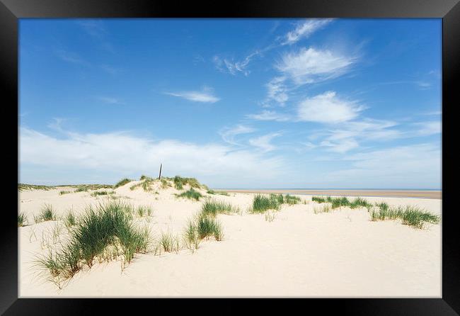 Blue sky beach and sand dunes. Wells-next-the-sea. Framed Print by Liam Grant