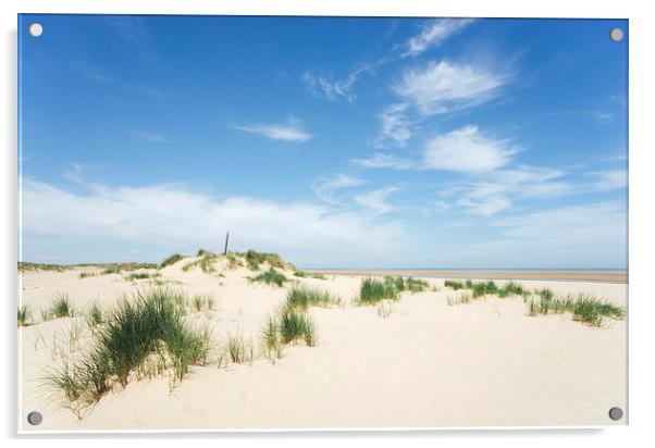 Blue sky beach and sand dunes. Wells-next-the-sea. Acrylic by Liam Grant