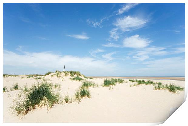 Blue sky beach and sand dunes. Wells-next-the-sea. Print by Liam Grant