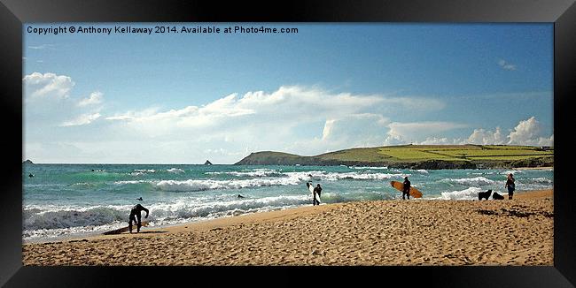 Constantine Bay surfers Framed Print by Anthony Kellaway