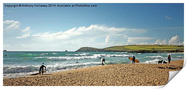 Constantine Bay surfers Print by Anthony Kellaway