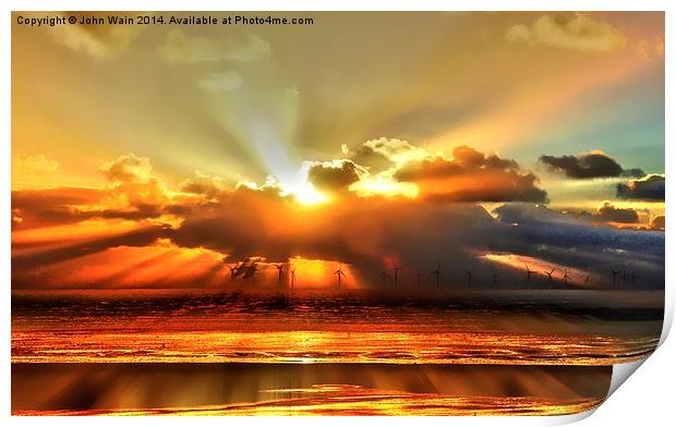 Wind farm Sunset Print by John Wain