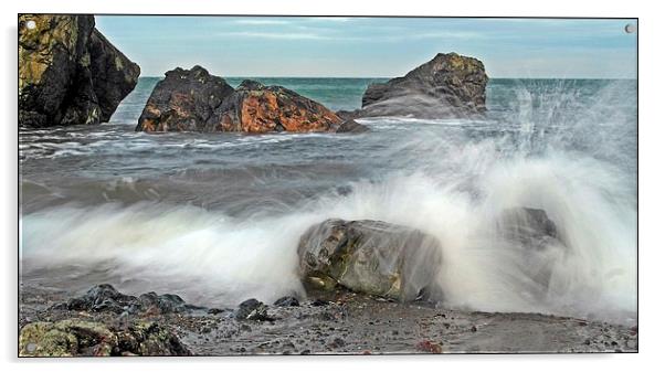 Waves against the rocks Acrylic by Derek Dobbie