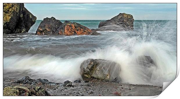 Waves against the rocks Print by Derek Dobbie