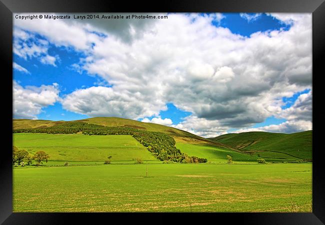 Scottish Spring landscape with hills and white clo Framed Print by Malgorzata Larys